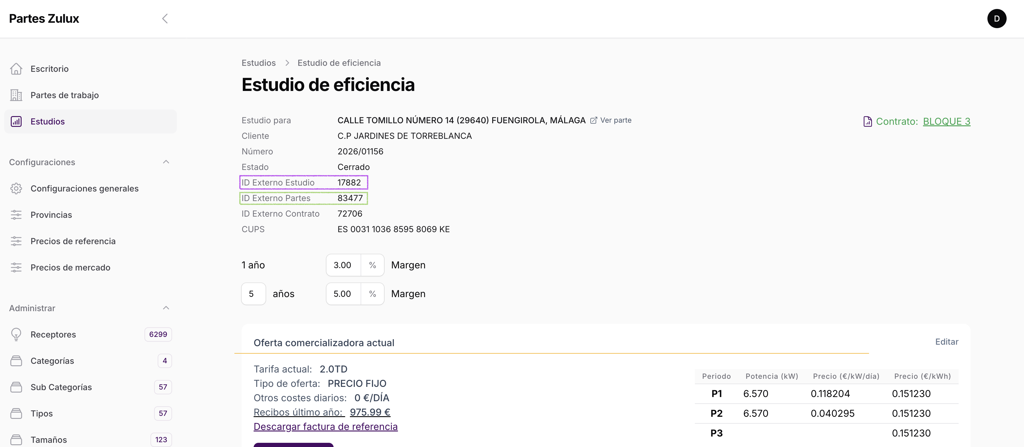 Indicaciones visuales para encontrar los ids externos del parte y del estudio en Partes